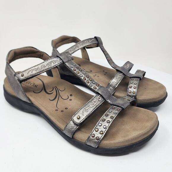 Taos Taos Replay Abeo Biosystem Sandals Women 10 Pewter Leather Stud Embroidered - Picture 1 of 15